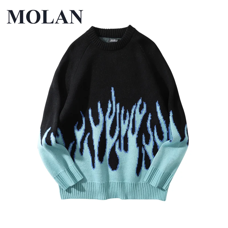 

Woman Fashion Flame Design Knitted Sweater Loose Long Sleeve O Neck Plus High Street Fire Print Pullover For Female Chic Top
