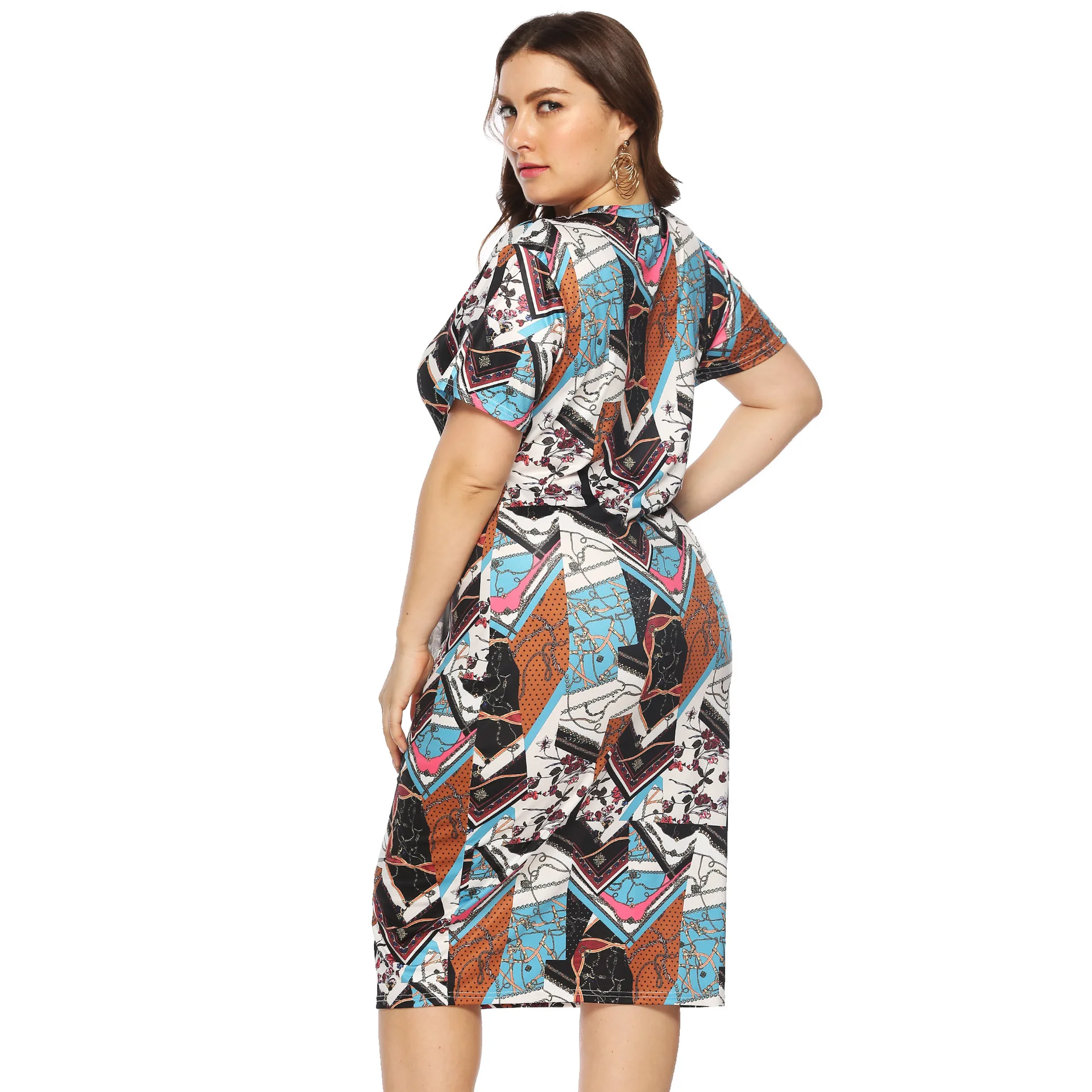 

Plus Size Dress Women's Clothes Vintage Print Short Sleeves Round Neck Summer Fashion Mid Length Slim Casual Dress Female