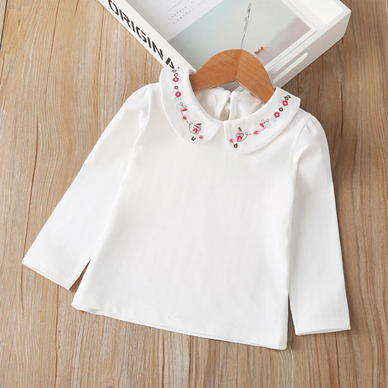 Cotton baby girls flower T Shirt Full Long Sleeve Girls T-Shirt Children Tops Tee kids turn-down Collar T-shirt | Мать и ребенок