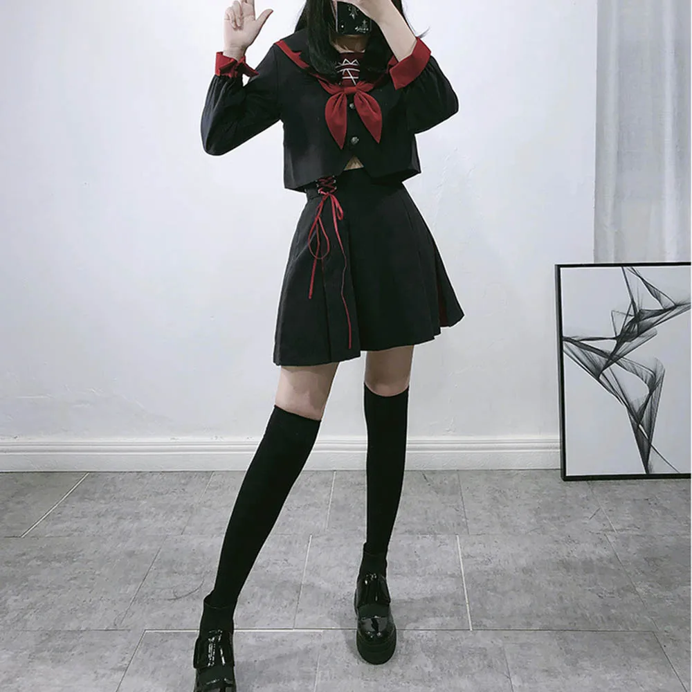 

Goth Student Uniform Sailor Sets Women Embroidery Lace-Up Bowknot Two Piece Set Party Club Streetwear Youth 2021 New Fashion