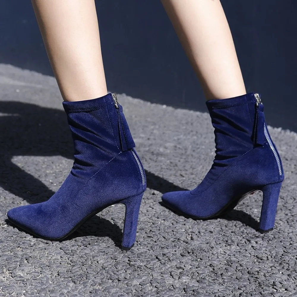 

OLOMLB Womens Ankle Boots Velvet Leather Stretchy Strange High Heel Shoes Pointed Toe Back Zipper Black Blue Luxury New