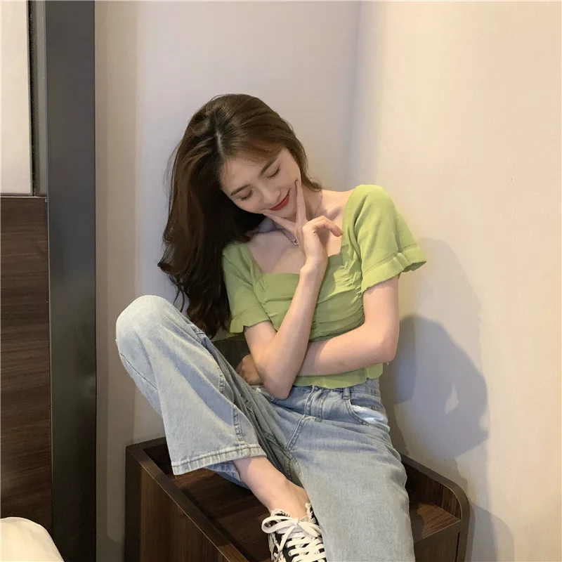 

Women Cute Short Sleeve Fashion Short Sleeve T-Shirts Cropped Top Summer Slim Tee Tops For Women J55