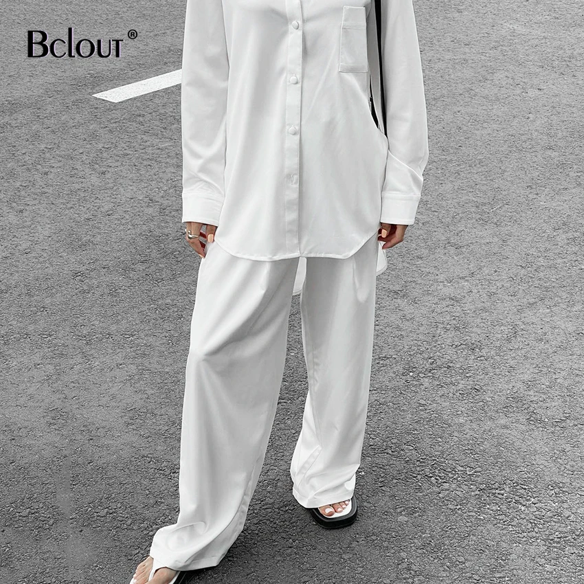 

Bclout White Turn Down Collar Shirts Wide Leg Pants 2 Sets Women Loose Pocket Blouses Elastic Waist Trouser Summer Suit Of Woman