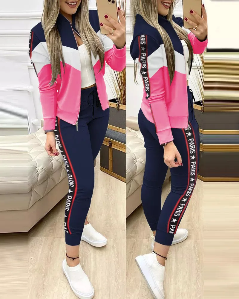 

2021 autumn and winter two-piece sports and leisure zipper stitching letter trousers women's suit