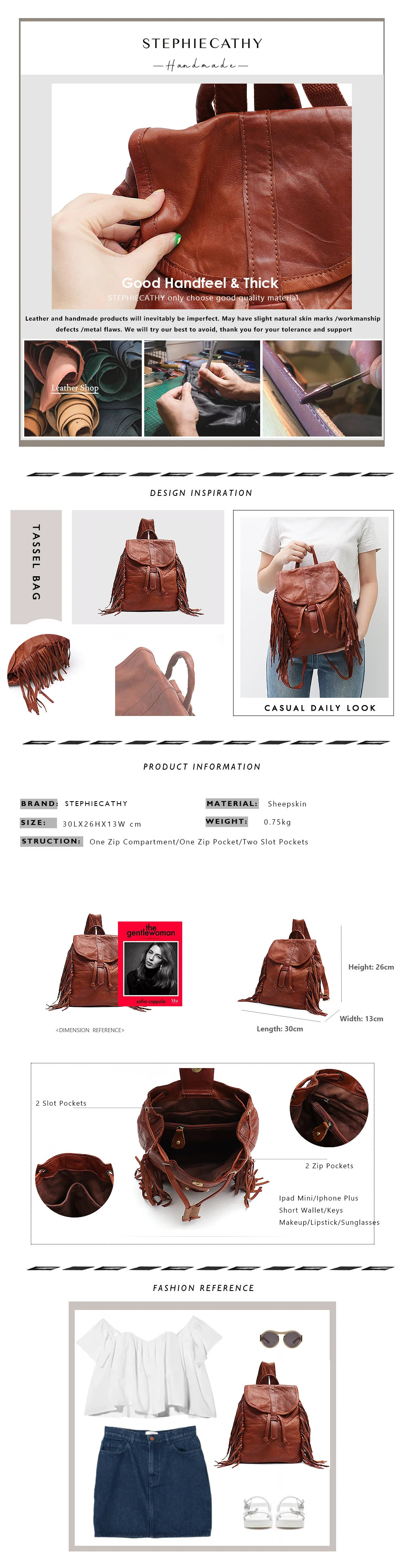 SC Fashion Sheepskin Backpack For Girls High Quality Leather Flap Shoulder Bag Women Tassel Day Pack School Bag ladies knapsack