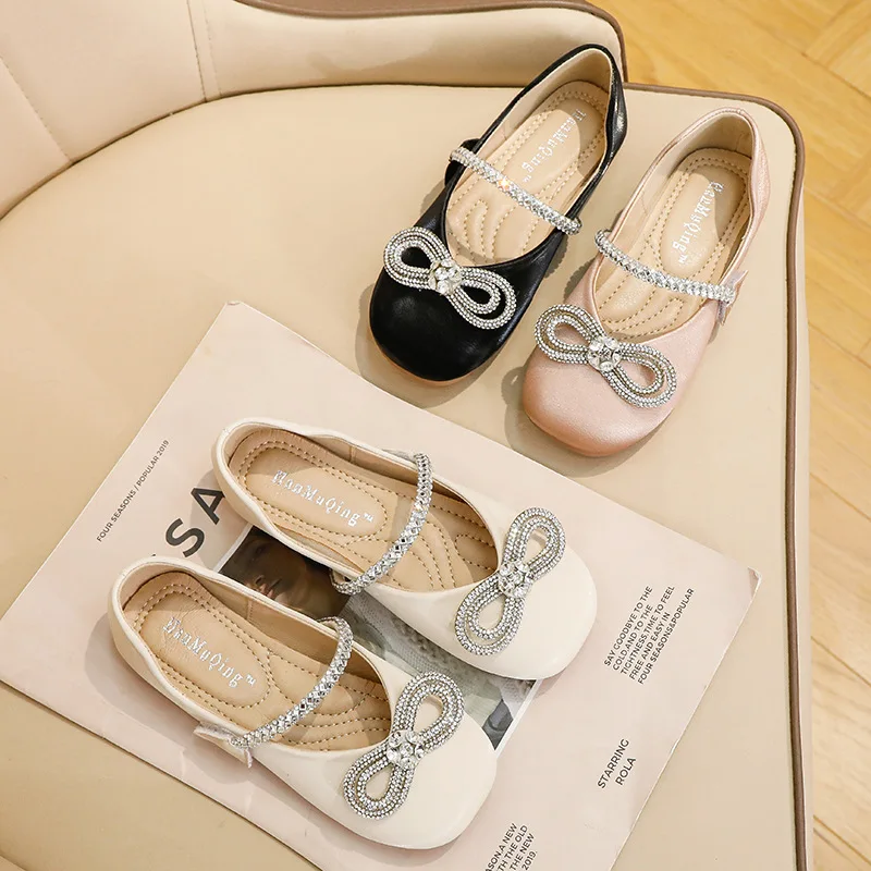 

New Children Rhinestone Bow Dance Leather Shoes Girls Princess Breathable Dress Student Baby Toddler Flats Kids Shoes 04