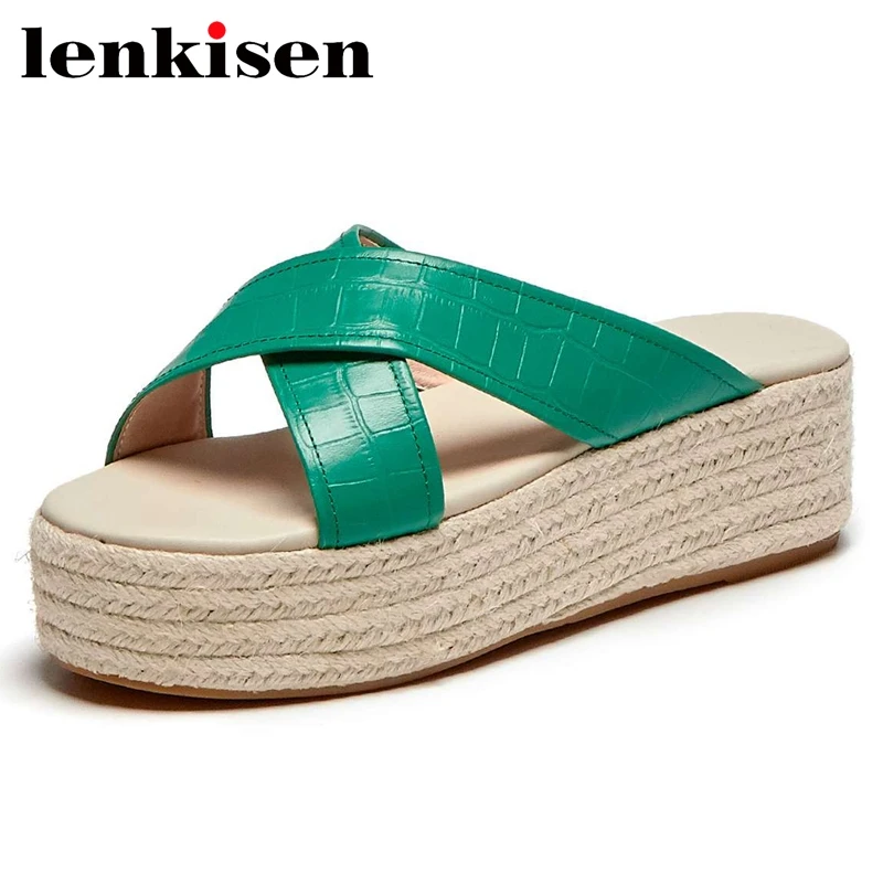 

Lenkisen new genuine leather peep toe high heels straw thick bottom simple style young lady streetwear fashion sandals women L38