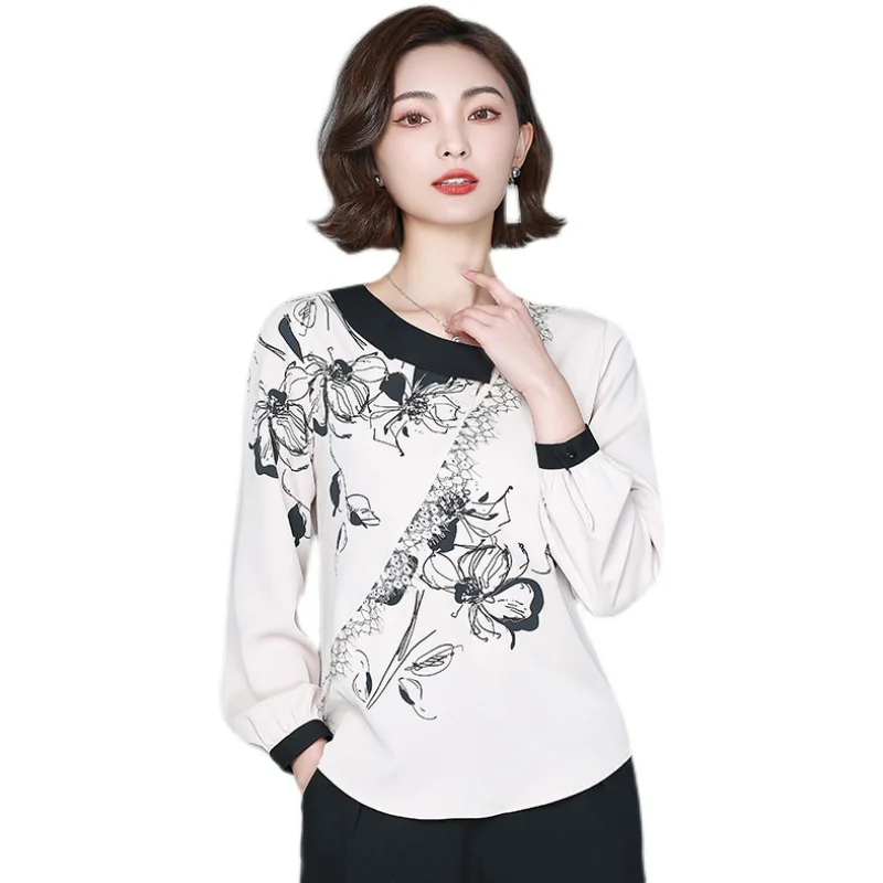 

COIGARSAM 3XL Plus Size Fashion Full Sleeve blouse women New Spring Print Chiffon blusas womens tops and blouses Apricot 6392