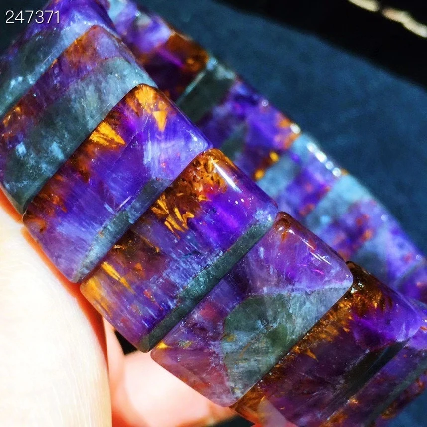 

Natural Cacoxenite Purple Rutilated Canada Bracelet Women Men Clear Rectangle Beads Bangle 22x12x7.3mm Stretch Genuine AAAAA