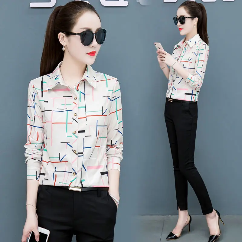 

Shirt female long sleeve spring and Autumn New Korean printing shirt female chiffon shirt loose casual versatile top bottom coat