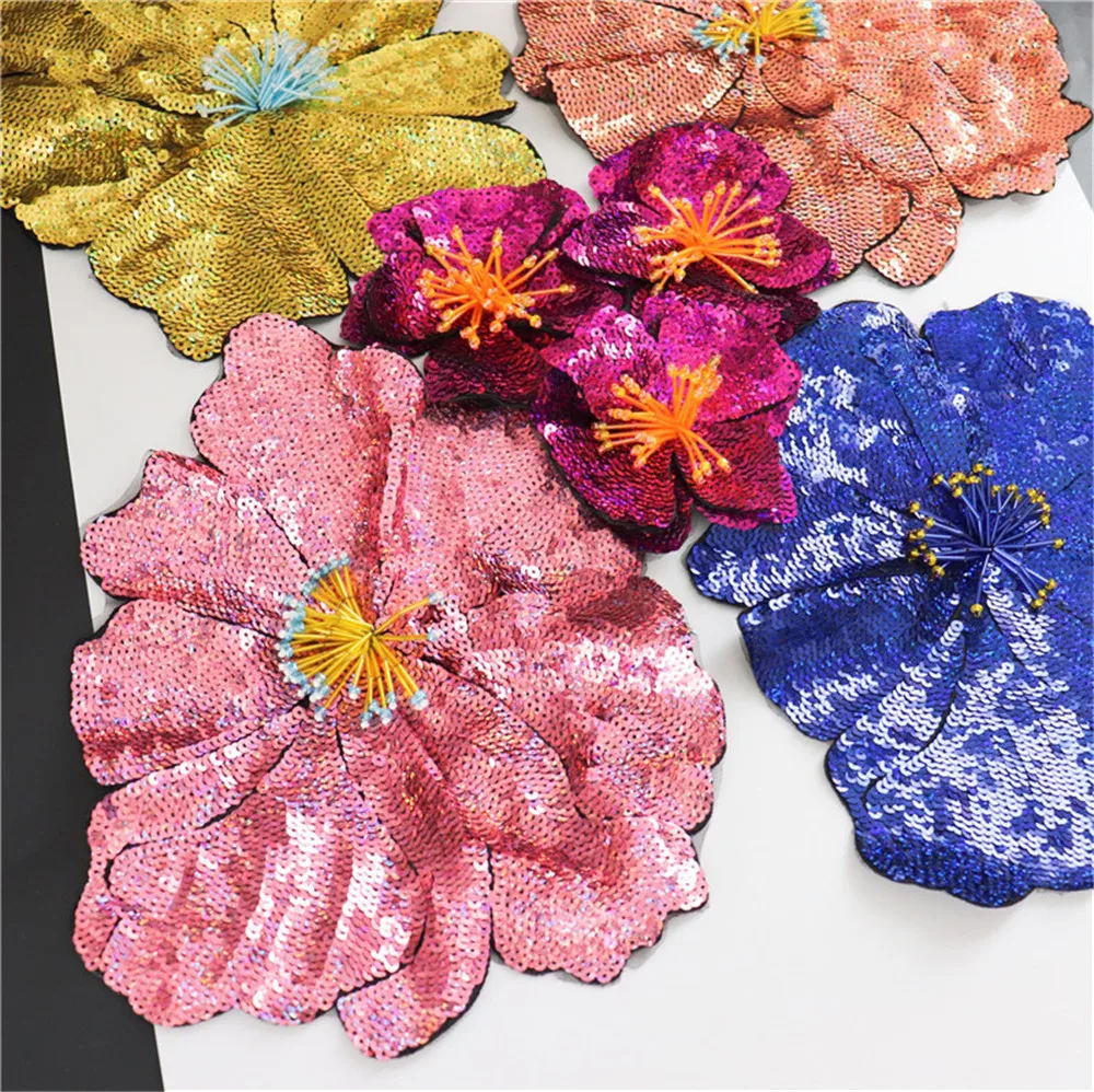 AHYONNIEX 1-teilige große Pailletten-Blumen-Aufnäher, modische bestickte Applikation für Kleidung, Aufnäher zum Aufnähen für Kleidung – Detail 1