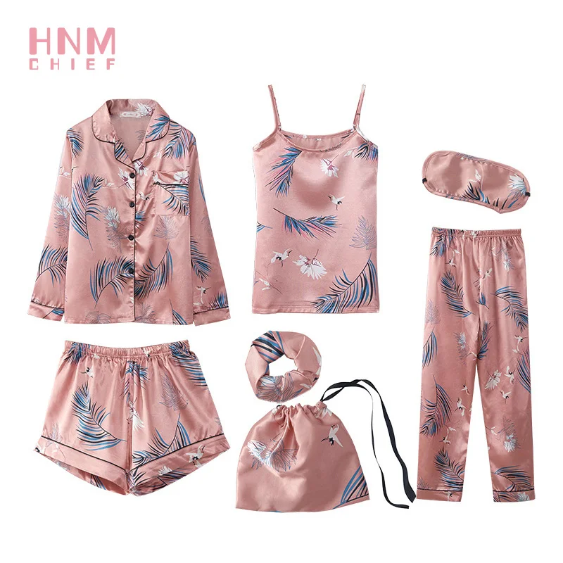 Женский Атласный пижамный комплект HNM с розовым принтом журавлей и листьев из 7