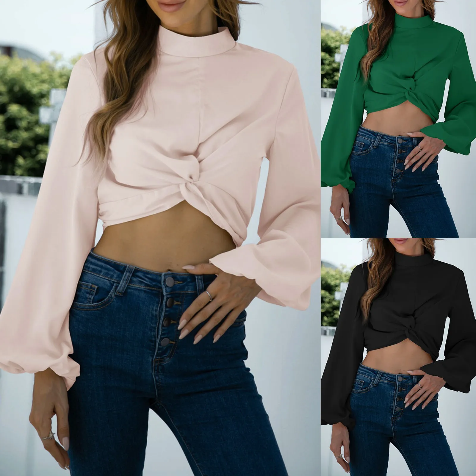 

New autumn women's O-neck fashion casual twisted lantern sleeves short solid color long-sleeved T-shirt top T-shirt #XY