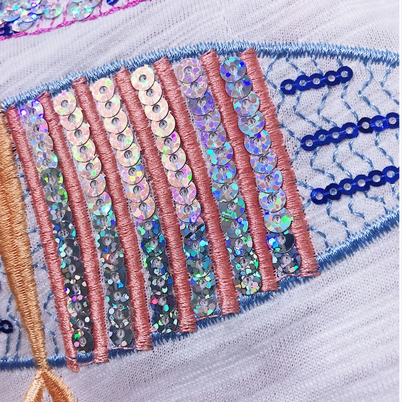 

Camiseta Mujer White Embroidered Sequined Women's T-Shirts O-neck Short Sleeve Casual Korean Style Cotton Tops Tee Shirt Summer