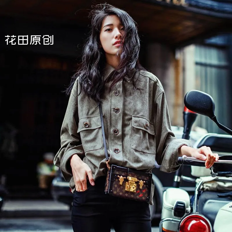 Женская однобортная замшевая блузка с длинным рукавом свободного покроя|Блузки|