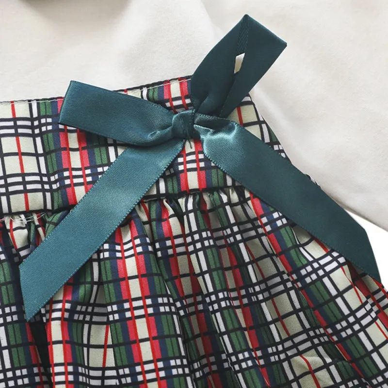 

2021 Autumn Kids Girls Plaid Print Dress Clothes Lace Ruffles Bowknot Flared Long Sleeve Dress Baby Child Princess Dresses