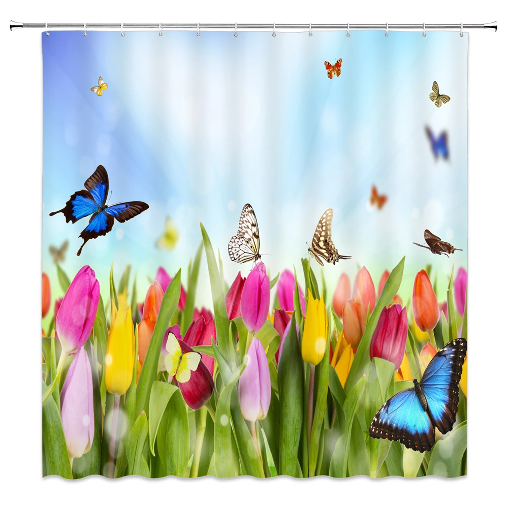 flower butterfly shower curtains floral plant spring scenery home bathroom decor waterproof polyester fabric bathtub curtain set free global shipping
