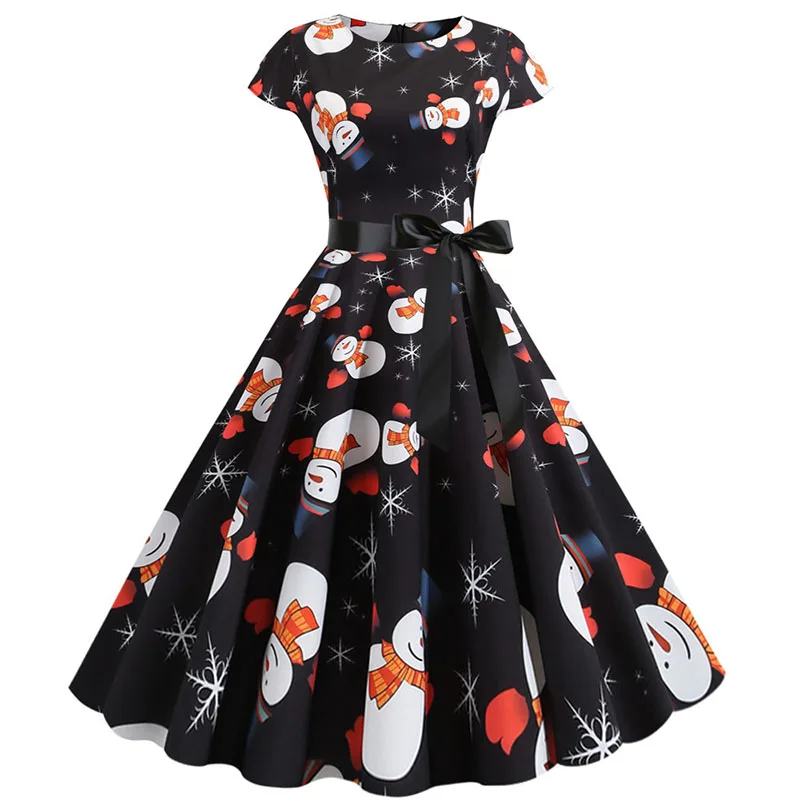 Christmas Dress Women Short Sleeve Print Vintage Robe Femme Ladies Casual Elegant Plus Size pin up Xmas Party Sundress | Женская одежда