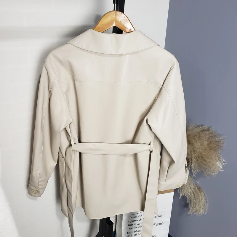 2019 осенние женские жакеты с ремешком и отложным воротником из искусственной кожи