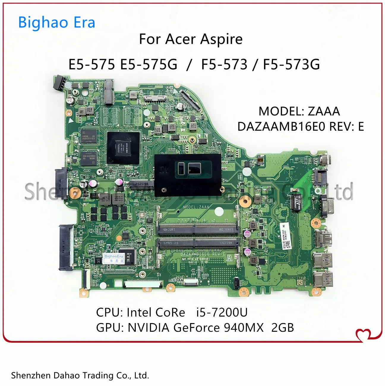 

For Acer Aspire E5-575 F5-573 F5-573G E5-575G Laptop Motherboard DAZAAMB16E0 With i5-7200U CPU 940MX 2GB-GPU 100% Fully Tested