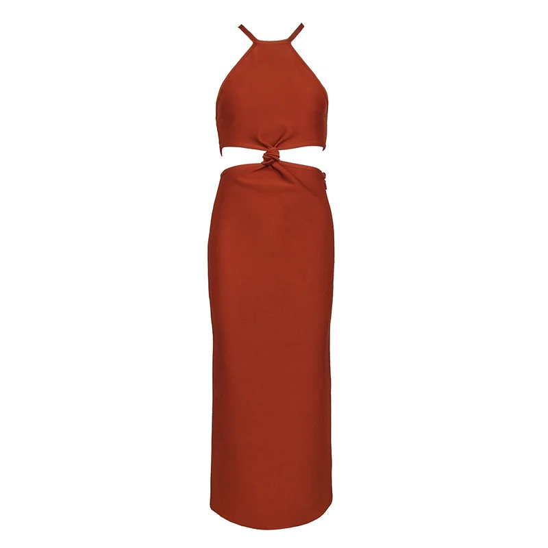 

UKCNSEP Bandage Dress 2021 New Summer Halter Hollow Out Sexy Sleeveless Brown Celebrity Evening Runway Club Party Maxi Dress