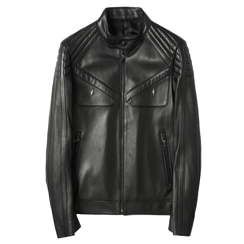 

Men Biker Brand Real Leather Jacket Short Sheepskin Slim Stand Collar Coat Autumn Street Punk Black Outerwear Oversize 4XL