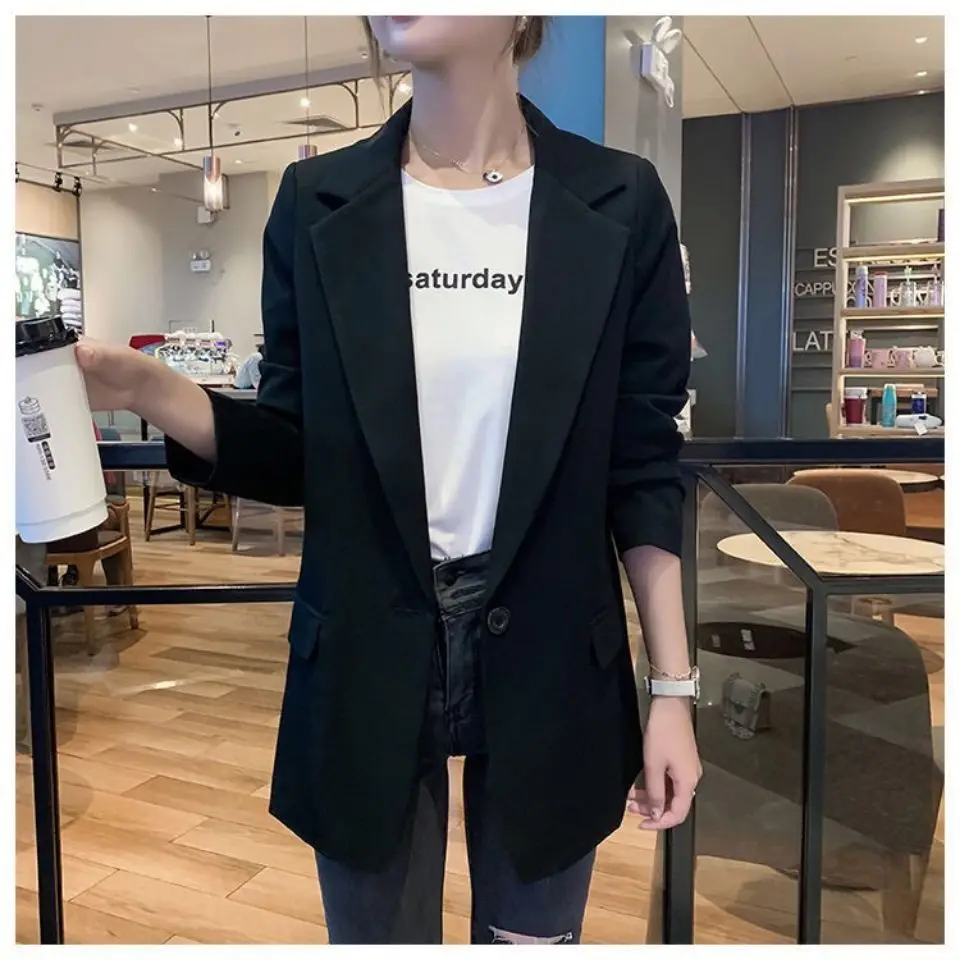 

Women's long black spring and autumn loose Korean long sleeve student casual small suit coat