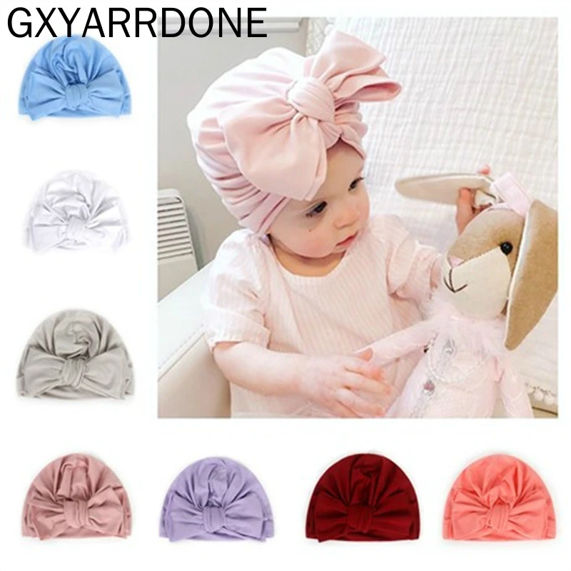

2020 New Baby Girls Spring Summer Pullover Caps Bow Tie Hat Children Soft Turban Headwear Photo Props Hair Accessories