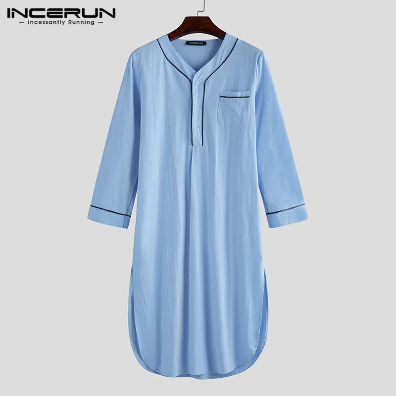 2022 Men Long Sleeve Sleep Robes Homewear V Neck Button Cozy Bathrobe High Quality Leisure Mens Pajamas Nightgown Dress INCERUN