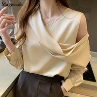 2021 spring elegant satin blouse women off shoulder long sleeve v neck slim chiffon shirt solid ol tops chemisier femme 11202