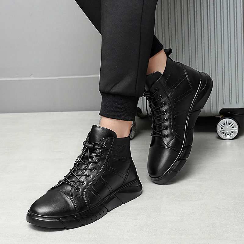 

Winter Snow Boots plush Warm Genuine Natural Leather Handmade high top Men Winter Shoes ankle boots big size 48 with fur o4