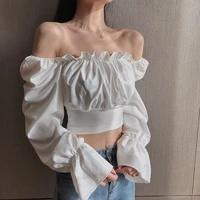 women top sexy blouse off shoulder top long sleeve solid color white shirt puff sleeve ruffle tunic crop top summer tube top
