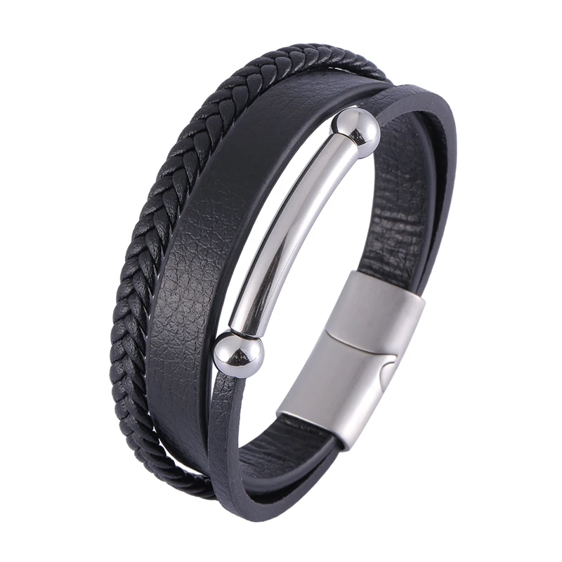 

Trendy Black Leather Bangle Men Jewelry Stainless Steel Multilayer Woven Wrap Bracelet Wristband for Friend Husband Gift SP1216