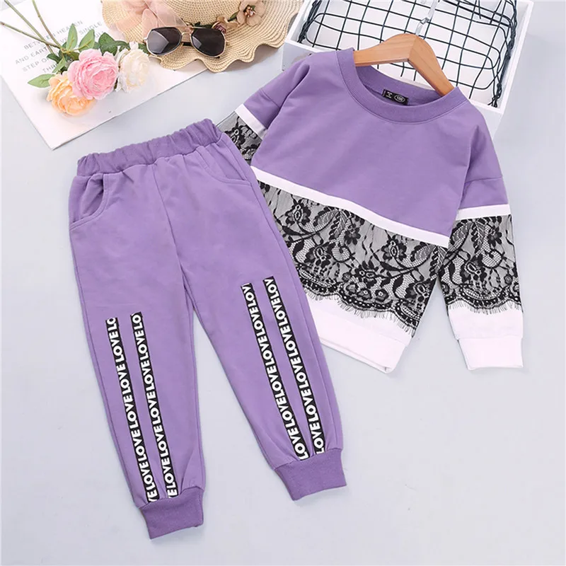 

Girlâ€™s Long-sleeved Trousers Suit Sweet Lace Stitching Pullover T-shirt and Fashion Letter Elastic Long Pants Autumn, Spring