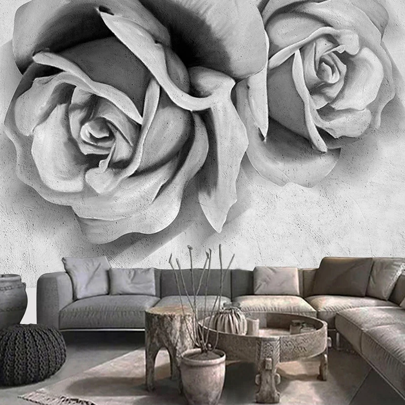 

Custom Wall Painting Wallpapers Cement Gray 3D Embossed Rose Flower Bedroom Living Room Sofa TV Background Decor Mural Wallpaper