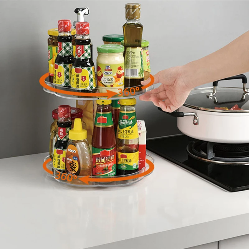 

360 Rotating Kitchen Shelf Double Layer Condiment Oil Bottle Storage Rack Multifunction Seasoning Spice Jar Holder for Kitchen