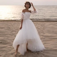 boho beach tulle wedding dress 2022 simple short puffy sleeves pleats a line appliques strapless lace up backless bridal gown