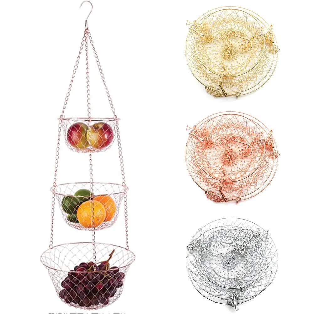 

3 Tier Wire Hanging Fruit Basket Home Kitchen Metal Vegetable Storage Organizer Basket 3-Layer Baskets