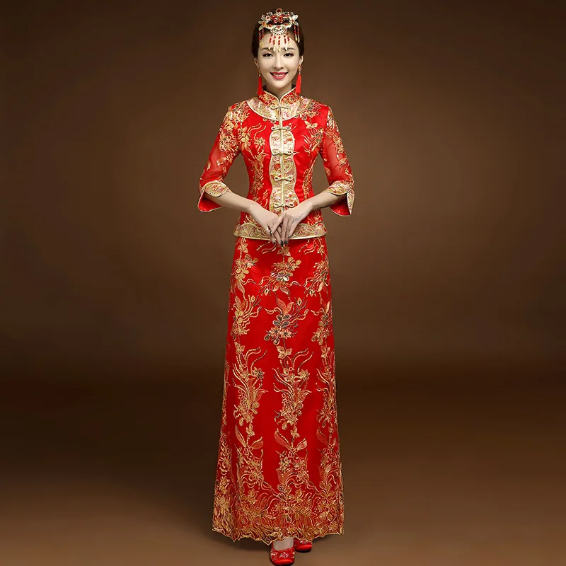

Платье-Ципао с блестками и воротником-стойкой, пикантное винтажное Элегантное свадебное макси-платье в китайском стиле, с цветочной вышивк...