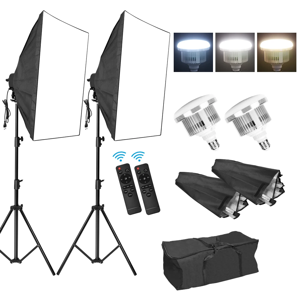 Photography Dimmable LED Softbox Lighting Kit 2M Adjustable Stand Tripod 3200K-5500K 85W Light Bulb for Video Filming Portraits