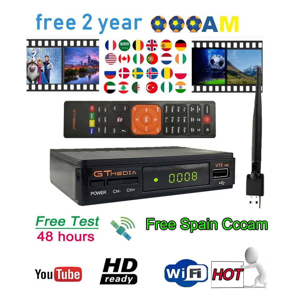 Freesat v7 hd спутниковый ресивер gtmedia v7s декодер v7hd Europe Cline для 1 года 1080P USB Wifi испанские