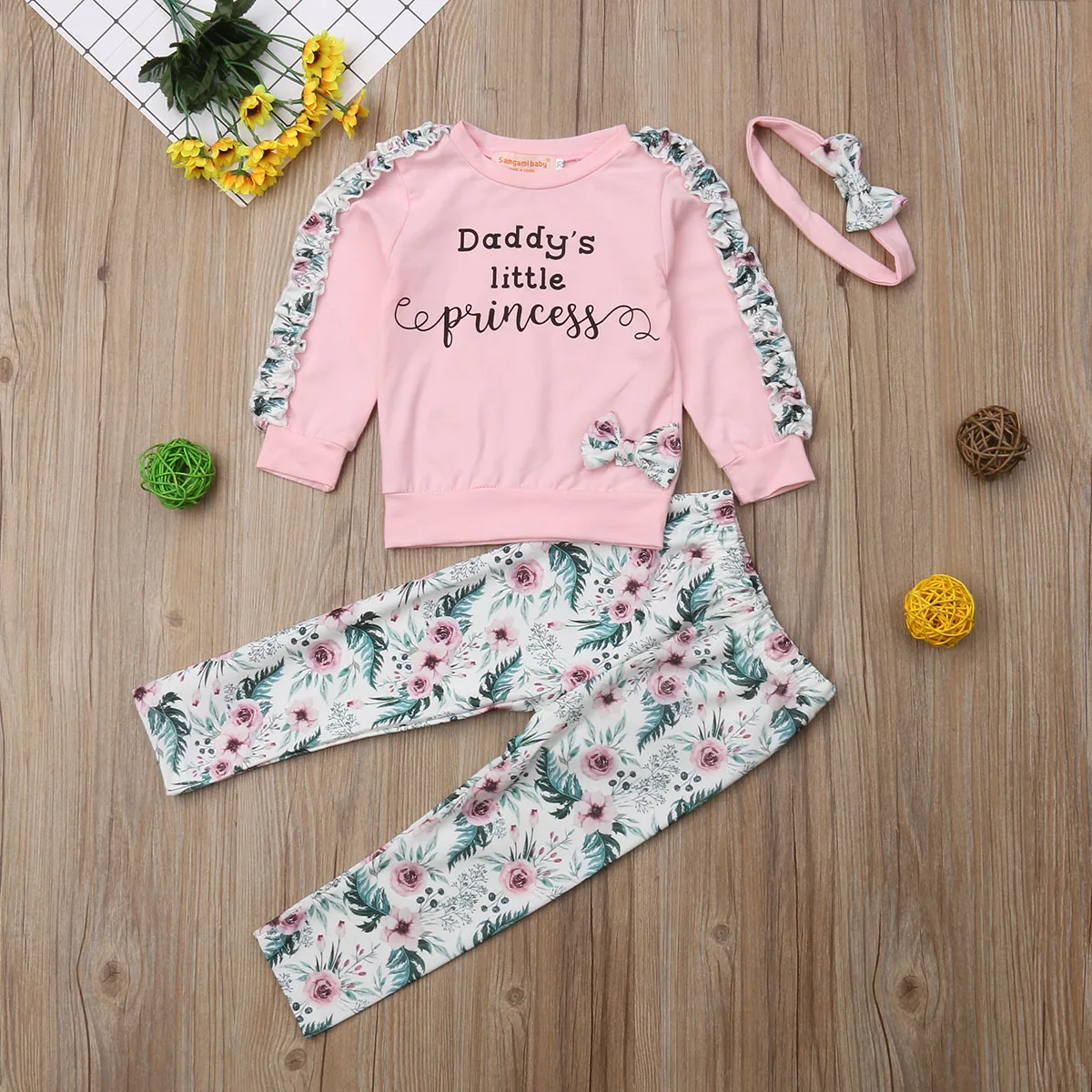 Autumn Winter 3PCS Kids Toddler Newborn Baby Girl Clothes Set Ruffles Long Sleeve Floral T-shirt Tops+Pants+Headband Outfits