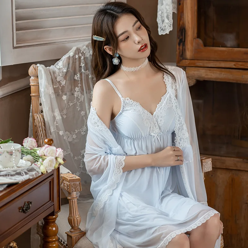 

Blue 2PCS Mesh Modal Kimono Robe Set Women Lace Floral Bathrobe Bride Dressing Gown Underwear Sexy Strap Top Nightgown Sleepwear