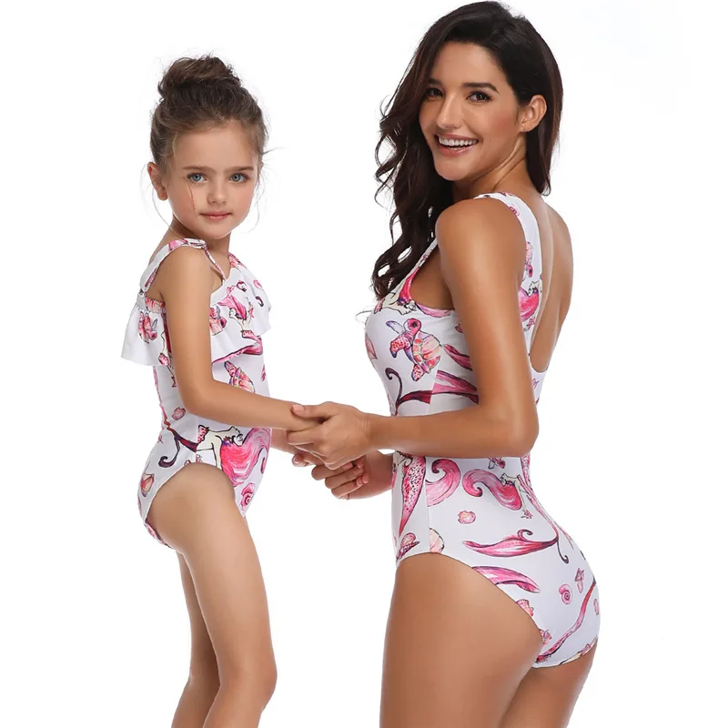 Женский купальник бикини для мамы и дочки Цельный с принтом детский купальный