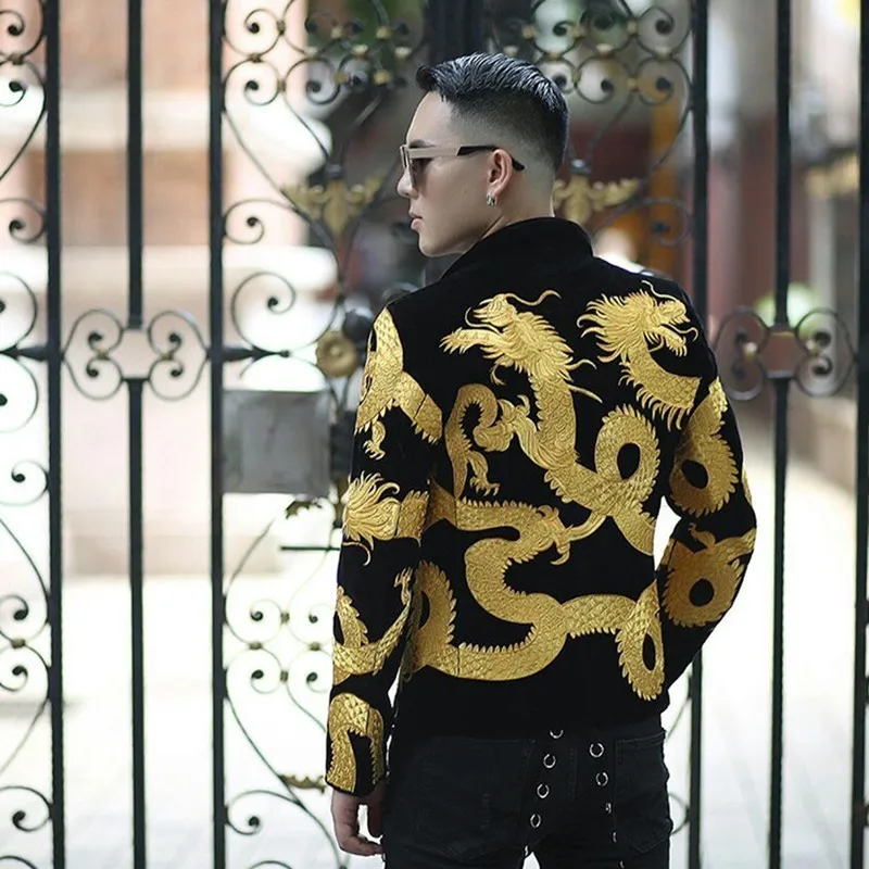 Gold Dragon Pattern Embroidery Stage Suit Jacket Fancy Designer Dj Club Party Prom Men Velvet Blazer