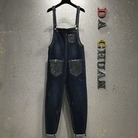 overalls 2021 springsummer new hot rhinestone denim overalls womens loose and thin holes harlan wide leg jumpsuits
