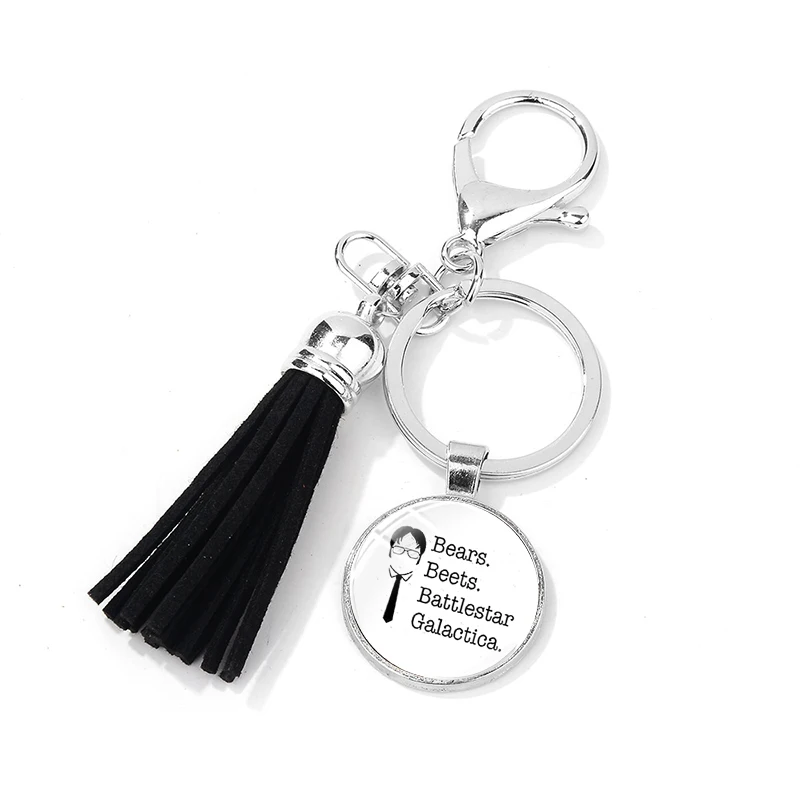 SIAN Cartoon Design The Office Figure Keychain Glass Time Gem Black Leather Tassel Key Rings Trendy TV Show Theme Charm Trinkets | Украшения