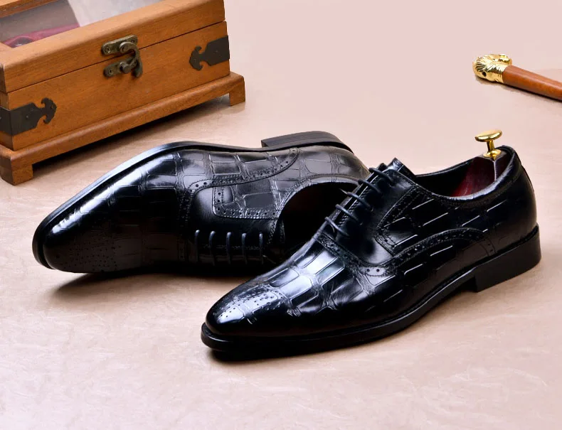 

QYFCIOUFU Crocodile Pattern Design Men Business Formal Shoes Classic Pointed Toe Genuine Cow Leather Shoes Men Oxford Dress Shoe
