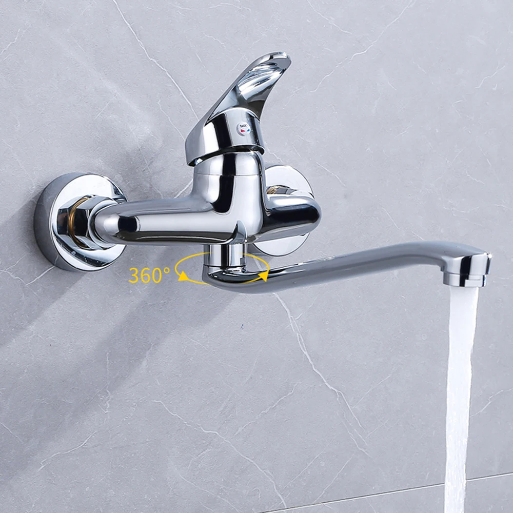 

Brass Plating Faucet For Kitchen Sink Wall Mount Tap 360 Rotating Single Handle Hot Cold Water Taps Dual Hole Wall Kitchen Mixer