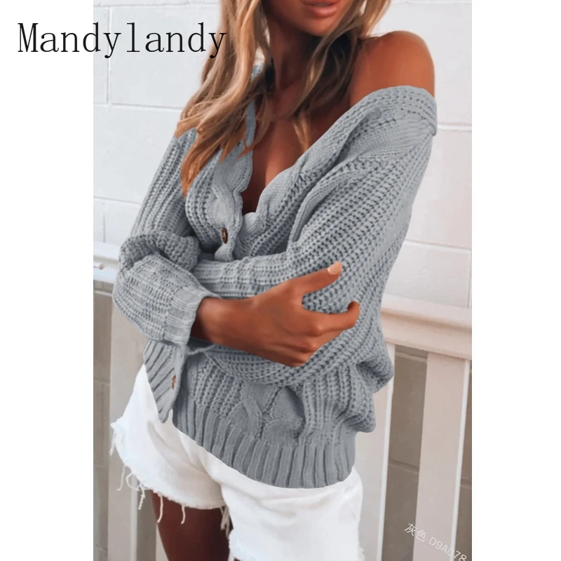 

Mandylandy Sweater Autumn Solid Color Long Sleeve V-neck Cardigan Sweater Women's Casual Loose Single-Breasted Knitted Coat